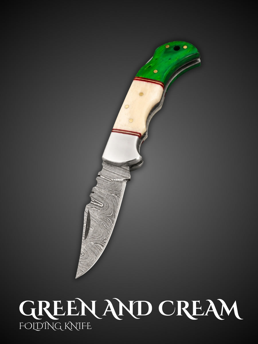 Green and cream handmade Damascus steel folding pocket knife, full view