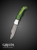 Green handcrafted Damascus steel folding pocket knife, full view