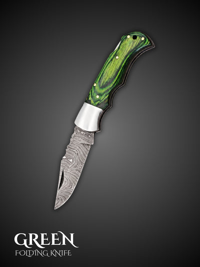 Green handcrafted Damascus steel folding pocket knife, full view