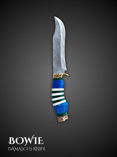 Hand Forged Damascus Bowie Knife Blue Handle