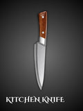 Handmade Damascus steel kitchen chef knife with wooden handle, full view