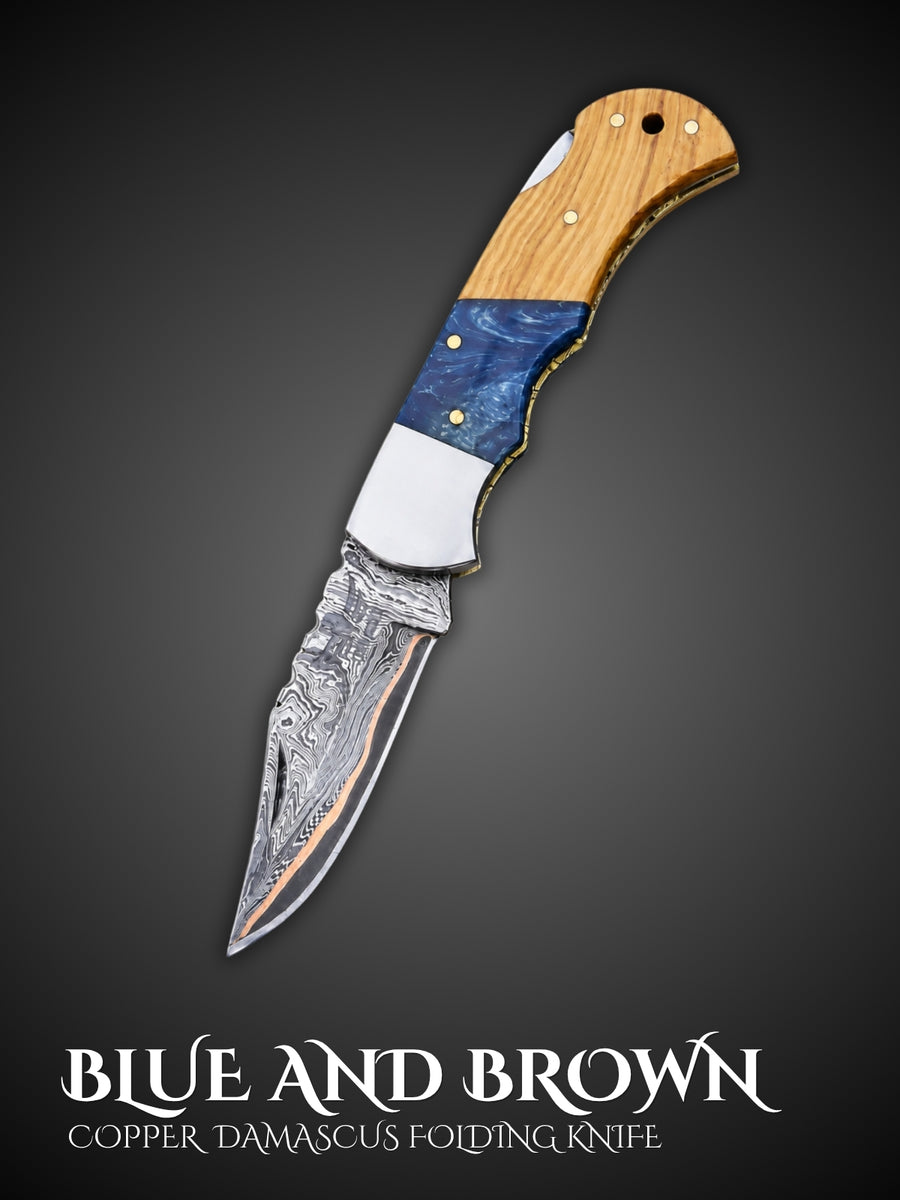 Lara Eagle hand forged copper Damascus pocket folding knife, full view