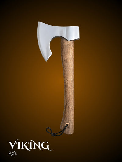 Norse battle axe full view showing steel head and wooden handle