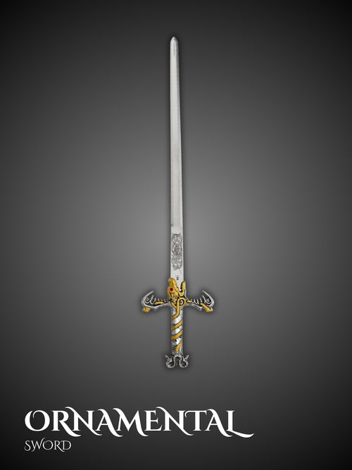Ornamental sword full view showing Atlantean style barbarian blade