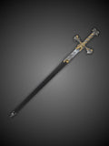 Ornamental sword angled view showing ornate pommel design