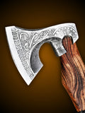 Close up of Raider's Axe steel head and engraved detail