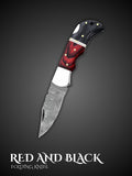 Red and black handmade Damascus steel folding pocket knife, full view