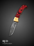 Red handcrafted Damascus steel folding pocket knife, full view