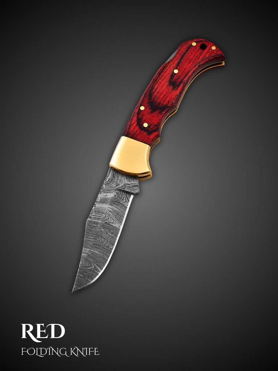 Red handcrafted Damascus steel folding pocket knife, full view