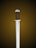 Close up of Red Dragon Type N Viking sword leather grip and pommel