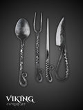 Hand forged Viking cutlery set showing spoon fork pick and knife