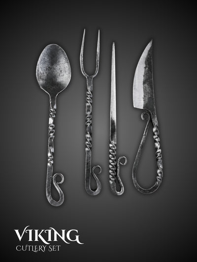 Hand forged Viking cutlery set showing spoon fork pick and knife
