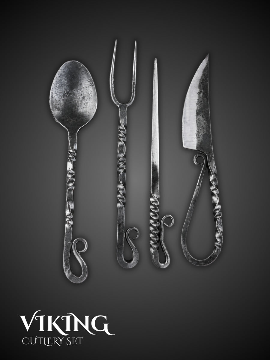 Hand forged Viking cutlery set showing spoon fork pick and knife