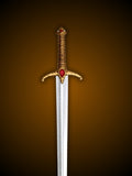 Close up of Widow's Wail Sword golden lion hilt and red grip