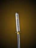 Close up of Yamato sword gold guard and white wrapped handle