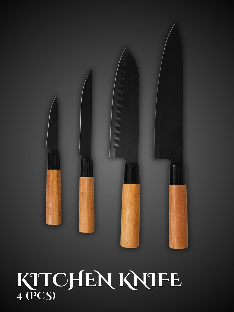 4 piece Zillinger Japanese kitchen knife set with wooden handles, full view